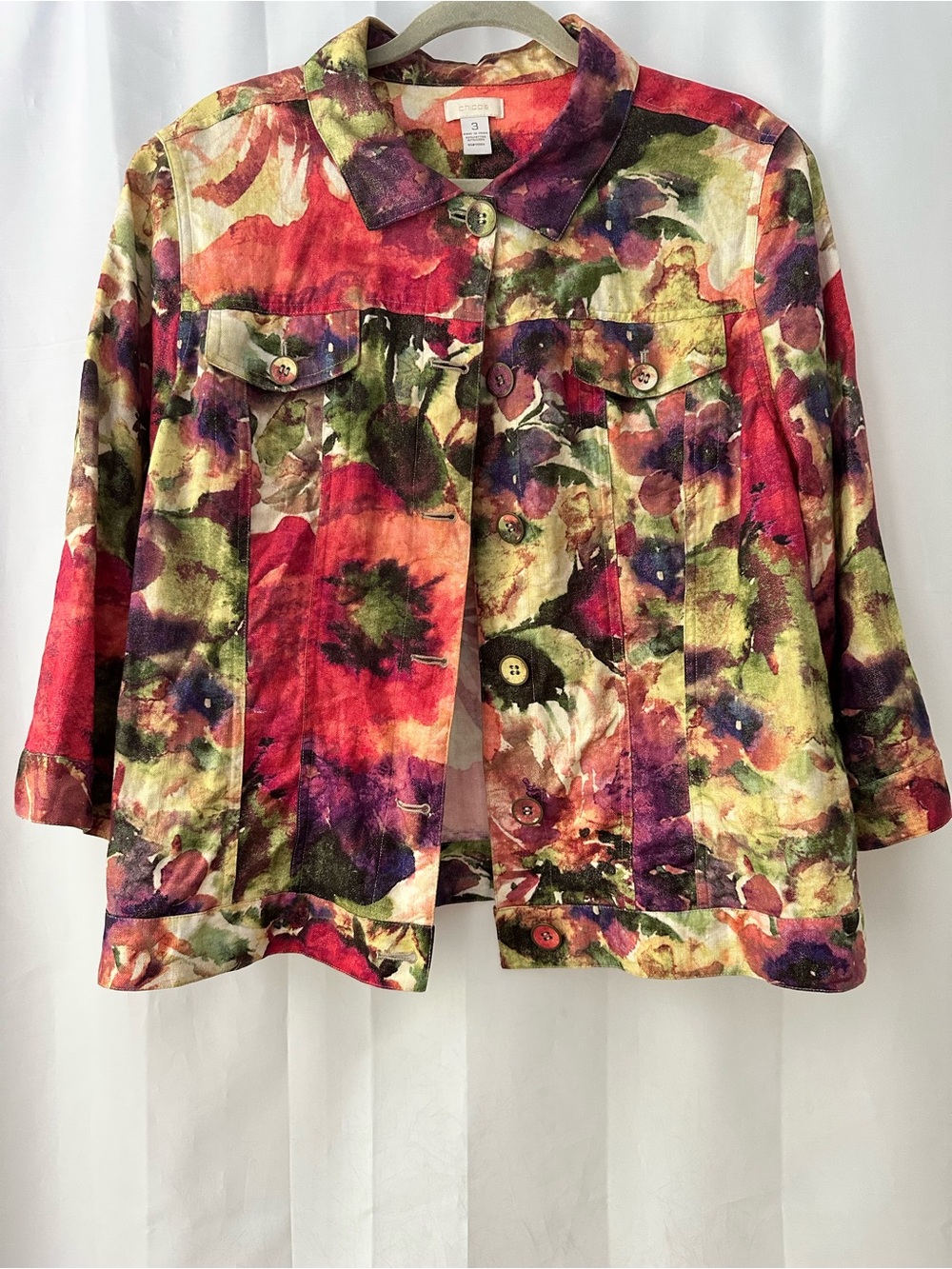 Chico's Size 3/XL Multicolor Watercolor Linen Cotton Floral Button Wearable Art